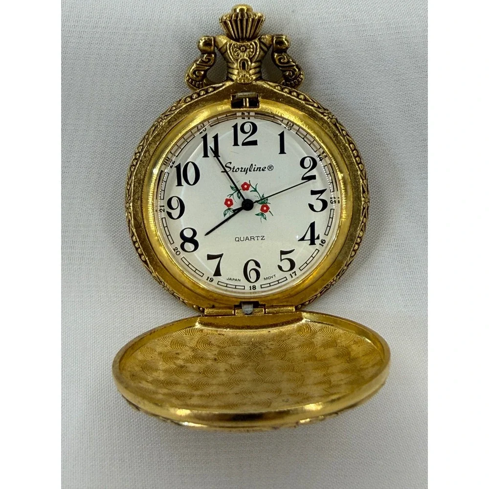 Storyline Gold Tone Train Steam Locomotive Embossed Quartz Pocket Watch Floral